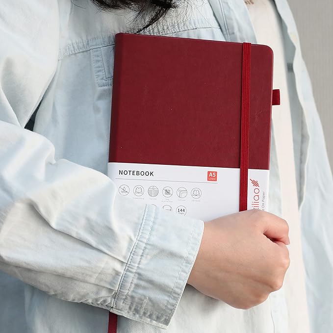 Deziliao Lined Journal Notebooks with Pen Loop, Hardcover Notebook Journal for Work, 100Gsm Premium Thick Paper with Inner Pocket, Medium 5.7"x8.4", (Red, Ruled)