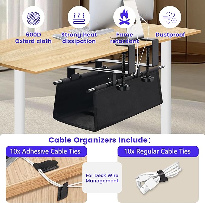 Under Desk Cable Management Tray, Clamp-On Cord Organizer,No Drilling Required, Holds Up to 22 lbs, for Cords, Routers, Power Strips (Black, 28.4inch)