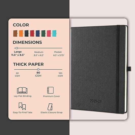 Weekly Monthly 2025-2026 Planner (July 25-Dec 26),11.5"x8.5",18 Months Agenda Plan with Month Tabs & Pocket,Expenses/Note Pages, Academic Calendar with Vegan Leather Cover,Black