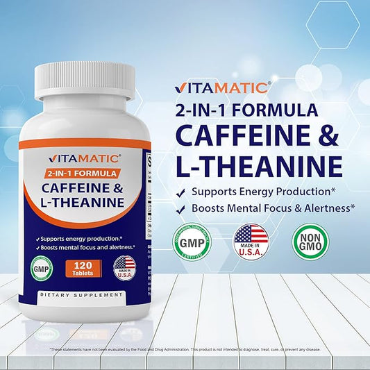 Vitamatic L-Theanine 200mg with Caffeine 100mg – 120 Vegetarian Tablets Nootropic Supplement for Focused Energy & Mental Clarity