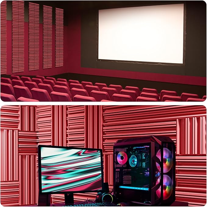 12 Pack Acoustic Foam Panels for Walls, 12" x 12" x 2" Soundproof Wall Panels, Self-Adhesive Soundproofing Padding, High Resilience Sound Absorbing Panels for Home Studios, Offices - Red