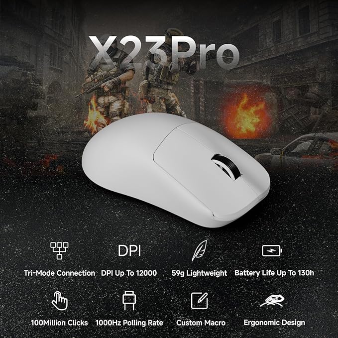 X23Pro Wireless Gaming Mouse, 2.4G/BT5.0/USB-C Esports Gaming Mouse, 800mAh Rechargeable Lightweight Mouse Gaming, 12000 DPI Wireless Mouse with 6 Programmable Buttons,for Laptop/PC/Mac, White
