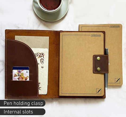 Vintage Logbook Inspired Refillable Leather Journal – A5 8x5 Notebook for Men and Women, 2 Premium Inserts (Lined & Blank), 400 Pages of 100gsm Ink-Proof Paper - Reusable Cover Writing Journal