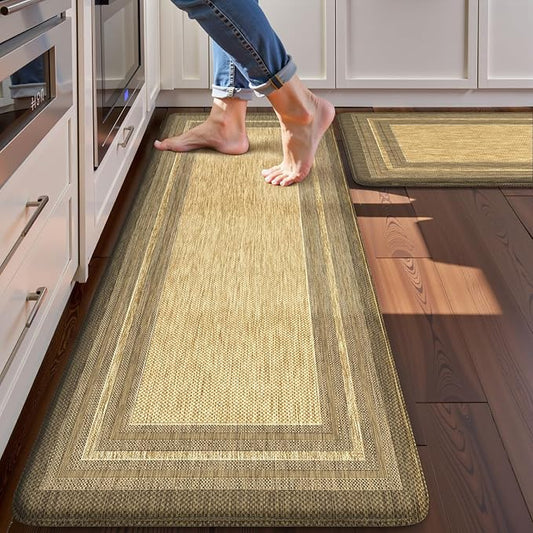 KIMODE Anti Fatigue Kitchen Mats for Floor, Farmhouse Kitchen Rugs Sets of 2, Cushioned Kitchen Floor Mats, Comfort Standing Mat for Sink Laundry Office Desk Brown/Khaki 17"x47"+17"x29"