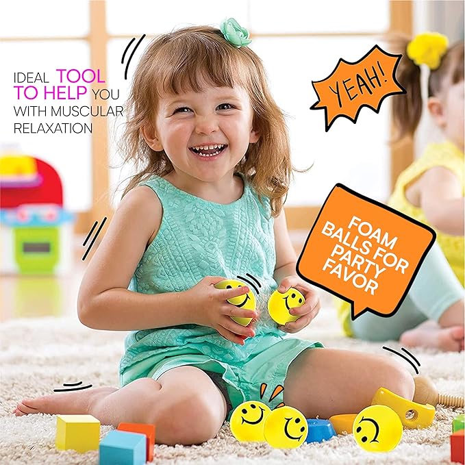 Neliblu 24 Pack Stress Balls for Kids and Adults - 2" Stress Ball in Bulk - Neon Yellow Squishy Balls with Smiley Faces - Fun Party Favors for Classroom, Goodie Bags, and Fidget Toys for Kids