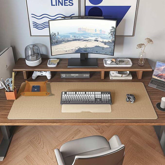 DAWNTREES Dual Sided Desk Mat,Leather Desk Pad,Brown 35.5"x17",Cork Desk Mat Protector,with PU Leather Valet Tray Organizer,Large Mouse Pad,Desk Writing Pad for Office and Home