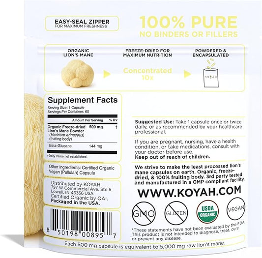 KOYAH Organic Lion's Mane Capsules - USA Grown, 100% Fruiting Body, Freeze-Dried, 3rd Party Tested for Beta-Glucans, 500 mg, Non-GMO, Vegan. Brain & Nerve Support. Immune Support. 60 Capsules