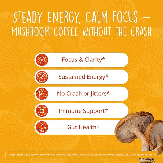 Mushroom Coffee with 125mg Caffeine – Lion’s Mane, Cordyceps, Reishi & Chaga | Adaptogen Nootropic Instant Mushroom Coffee for Energy & Focus | Medium-Dark Roast, Vegan, No Sugar – 30 Servings