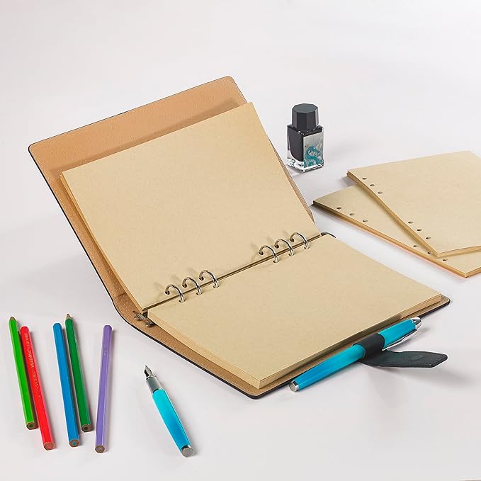 A5 Kraft Loose Leaf Refill Paper, 135 Sheets Brown Planner Refills, 6-Ring Binder Compatible, 100GSM Insert Papers for Journals, Sketching, Eco-Friendly Planners, Vintage Writing & DIY Crafts