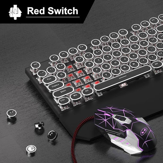 Retro Typewriter Keyboard and Mouse Combo, Cute Black Keyboard with Linear Red Switches, Full Size Wired Mechanical Gaming Keyboard, Cool Light Up Keyboard and Mouse for Gaming,Work,Mac,PC,Windows