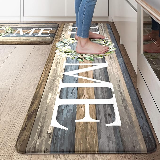 KIMODE Anti Fatigue Mats for Kitchen Floor,Comfort Cushioned Rugs Sets of 2,Wide Farmhouse Memory Foam Carpet Non Slip for Laundry Sink Office Bathroom,Blue 20"x47"+20"x32"