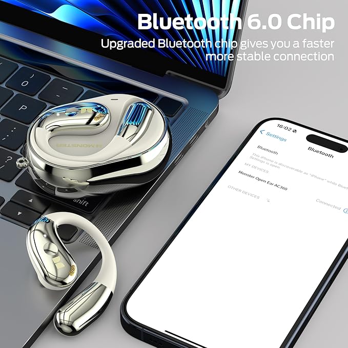 Monster Open Ear AC360, Wireless Bluetooth Rotary Earphone, with Lanyard, Upgraded Bluetooth 6.0, Touch Control, 24h Long Battery Life, IPX5 Waterproof,Long-Lasting Wear Without Fatigue