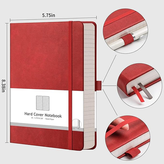 AHGXG Lined Journal Notebook - 320 Numbered Pages A5 College Ruled Notebook Thick Journal for Writing, 100gsm Lined Paper, Leather Hardcover, for Women Men Work Office School, 5.75'' X 8.38''-Red