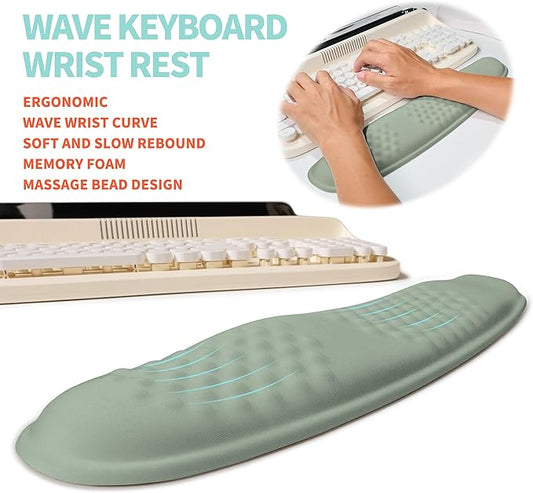 2-in-1 Ergonomic Set, Wave Rise Keyboard Wrist Rest and Massage Bulge Slope Mouse Pad Wrist Support, Cushion Memory Foam Integrated to Relieve Wrist Pain, Light Green