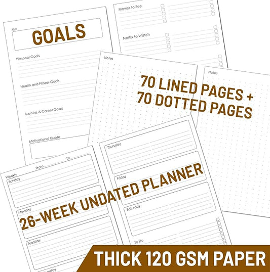 Wanderings A5 Leather Binder Journal – Handcrafted 6 Ring Organizer with Pockets – Leather Planner with Planner Inserts – 52 Week Undated Calendar | A5 6 Ring Binder Filofax Compatible – 6” x 8.5”