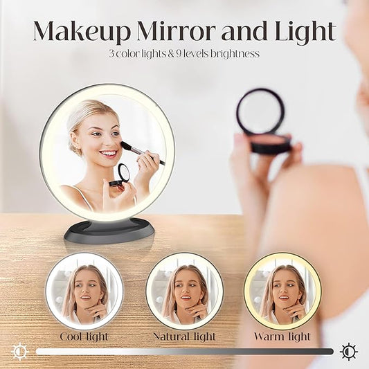 Round Mirror Lighted Digital Alarm Clock, Mirror Surface for Makeup, Large Display, Easy Setting, Auto DST, Auto Dimming, USB Port, Modern Decor for Home, Bedroom, Office, Gift for Women, Girl, Black