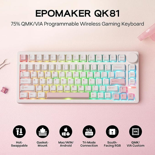 EPOMAKER QK81 75% Wireless Mechanical Gaming Keyboard, QMK/VIA Programmable and Hot-Swappable, 81 Keys with Metal Knob, 2.4Ghz/BT/USB, Creamy Gasket-Mount, RGB Backlight (White, Wisteria Switch)