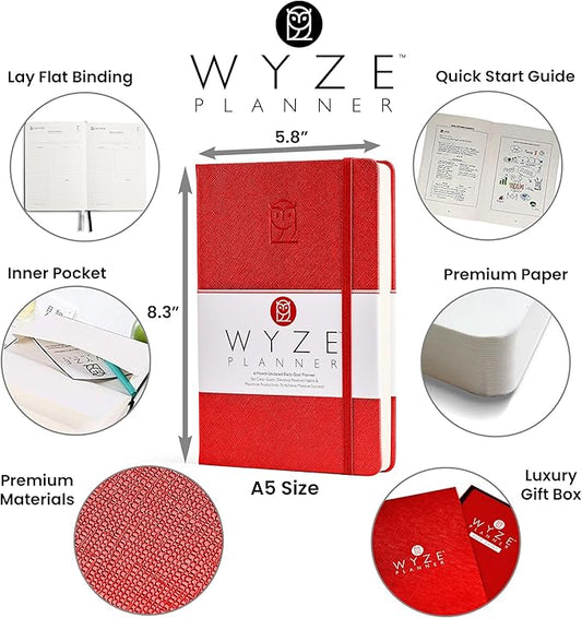 Undated Daily Planner – 6-Month A5 Productivity Organizer with Full Page Per Day, Hourly Schedule, Goal Setting, Habit Tracker, Weekly & Monthly Pages – Hardcover Time Management Notebook (Red)