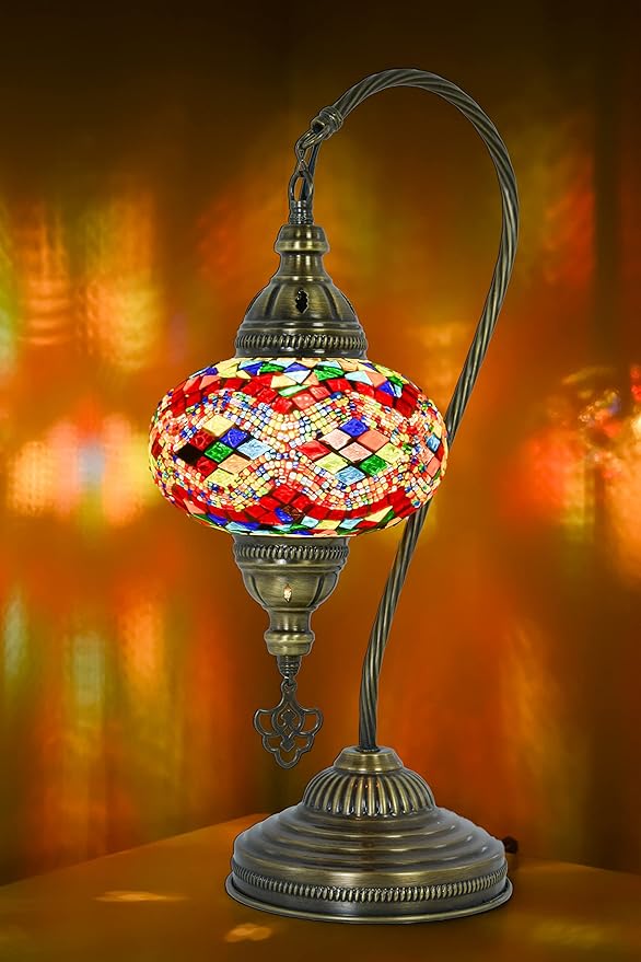 mozaist Turkish Mosaic Gooseneck Bedside Table Lamp, Handmade Boho Colorful Nightstand for Bedroom Corner, Moroccan Vintage Rustic Home Decor Desk Light with E12 Socket & US Plug (Anatolian Rug)