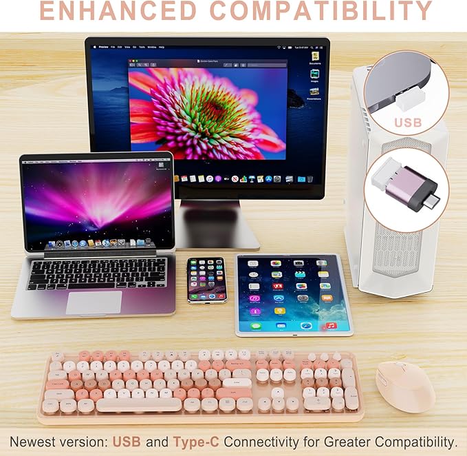 Wireless Keyboard and Mouse, Full-Size Typewriter Keyboard with Retro Round Keycaps, Ergonomic Design, Compatible with Windows PCs, Ideal for Home and Office. (Milk Tea)