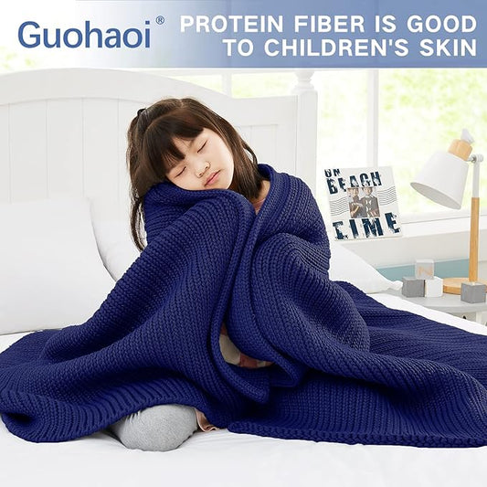 Guohaoi Knitted Weighted Blanket for Adults (Blue 50"x75" 12lbs) No Beads Cooling Throw Blanket for Hot Sleepers, Home Decor Breathable Chunky Knit Heavy Blanket Use on Full Size Bed