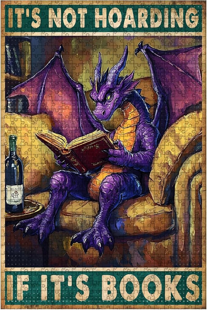 1000 Piece Wooden Dragon Jigsaw Puzzle It's Not Hoarding If It's Books Adults Kids Family Quiet Play Therapy Challenging Anxiety Relief Home Art Decor & Time Killing Focus Tool Gifts 29.5x19.7 Inch