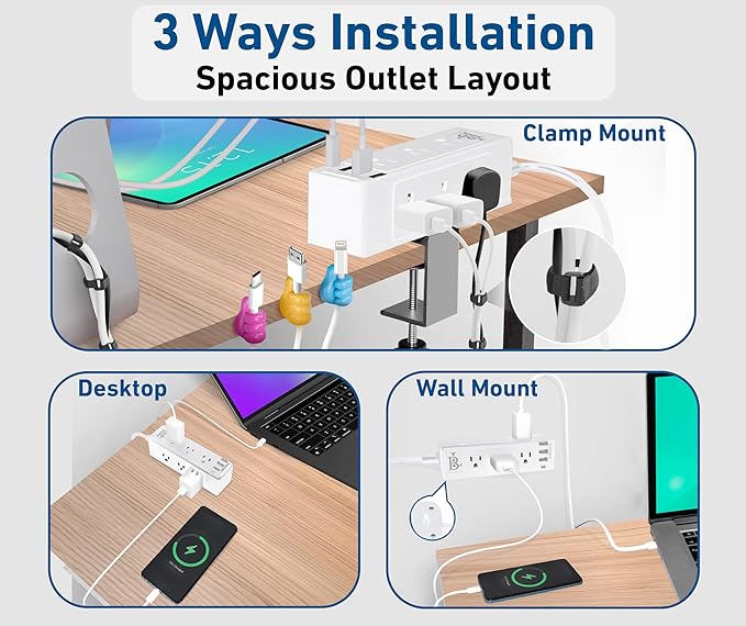 Desk Clamp Power Strip with USB C (20W PD) & USB A, 9 AC Outlets, Surge Protector, Flat Plug, 6.5ft Extension Cord – Desk Mount Power Station with Cable Management Kit for Home & Office– White