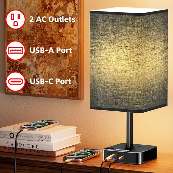 cozoo USB Bedside Table Desk Lamp with 2 USB Charging Ports and 2 Outlets Power Strip,Black Charger Base with Black Fabric Shade, LED Light for Bedroom/Nightstand/Living Room
