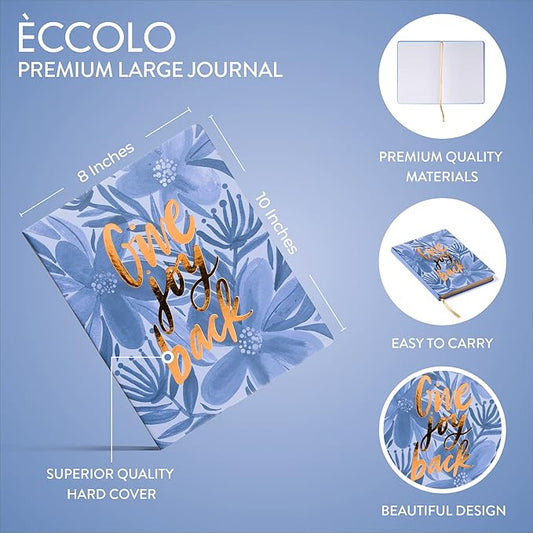 Eccolo Large Lined Journal Notebook, Hardbound Cover, Writing Journal, 256 Ruled White Pages, Ribbon Bookmark, Lay Flat, Desk Size for Work or School, Give Joy Back, Floral (Blue, 8x10 inches)