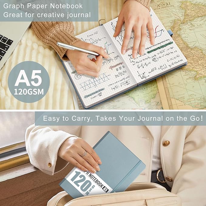 AHGXG Graph Paper Notebook - Grid Notebook Journal A5, 120 GSM Thick Graph Paper, 160 Pages, Leather Hardcover, for Graphing, Writing, Math, Engineering, 5.75'' × 8.38''- Gray Blue