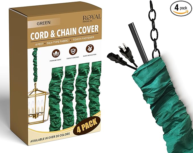 Royal Designs, Inc. Cord & Chain Cover 4 ft Silk Type Fabric, Chandelier Pendant Lighting Chain & Cable Management, Touch Fastener, Green - 4 Pack