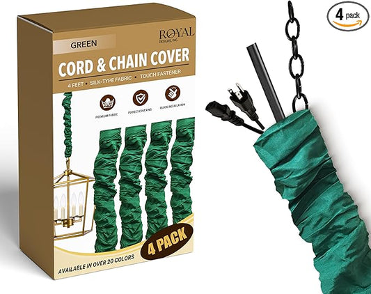 Royal Designs, Inc. Cord & Chain Cover 4 ft Silk Type Fabric, Chandelier Pendant Lighting Chain & Cable Management, Touch Fastener, Green - 4 Pack