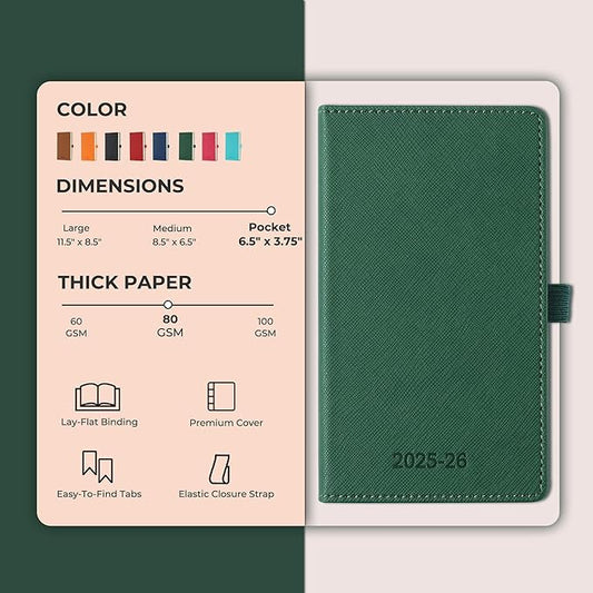 Weekly Monthly 2025-2026 Planner (July 25-Dec 26),6.5"x3.75",18 Months Agenda Plan with Month Tabs & Pocket,Expenses/Note Pages, Academic Calendar with Vegan Leather Cover,Green