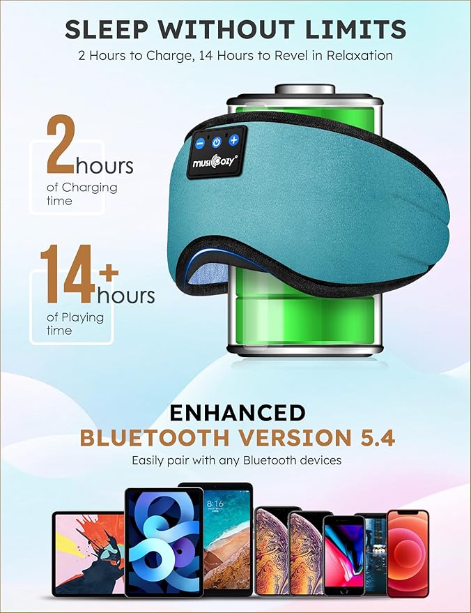 MUSICOZY Sleep Headphones Bluetooth 5.4 Headband Sleeping Eye Mask for Mom Women Men Wireless Music Earbuds Earphones for Side Sleepers Built-in HD Speakers Cool Gadgets Unique Gifts