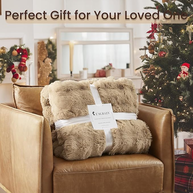 L'AGRATY Faux Rabbit Fur Blanket: 60" x 80" Twin Luxury Soft Fluffy Thick Fur Throw Blanket for Couch Bed - Cozy Plush Bubble Blankets for Winter: Flannel Fleece Decorative Blanket(Milk Tea Brown)