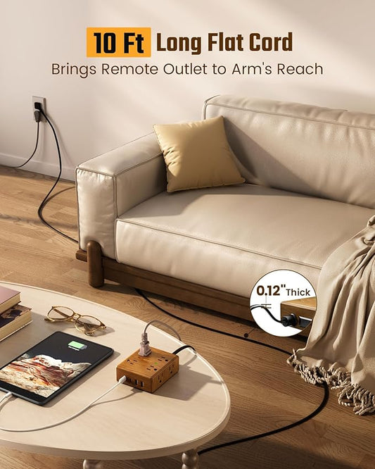 Brown Extension Cord 10Ft, Flat Plug Power Strip Surge Protector, 8 Outlets & 4 USB Ports (2 USB C), Desktop Charging Station Hidden Behind Furniture, Decorative Office Desk Accessories (Wood Grain)