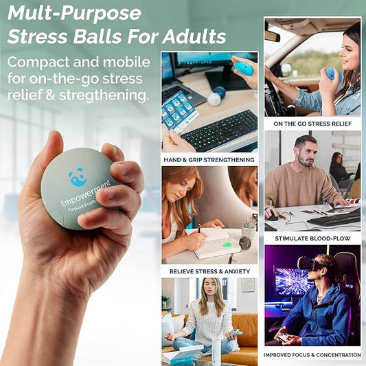 Mind & Body Stress Balls for Adults - Triple Density Squeeze Balls for Hand Therapy & Grip Strengthening - Stress & Anxiety Relief - Physical Therapy Support - Soft, Medium, Hard Gel Core