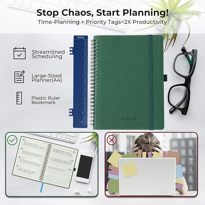 Weekly Monthly 2025-2026 Planner (July 25-Dec 26),11.5"x8.5",18 Months Agenda Plan with Month Tabs & Pocket,Expenses/Note Pages, Academic Calendar with Vegan Leather Cover,Green