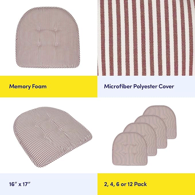 Sweet Home Collection Chair Cushion Memory Foam Pads Tufted Slip Non Skid Rubber Back U-Shaped 17" x 16" Seat Cover, 2 Count (Pack of 1), Pinstripe Burgundy