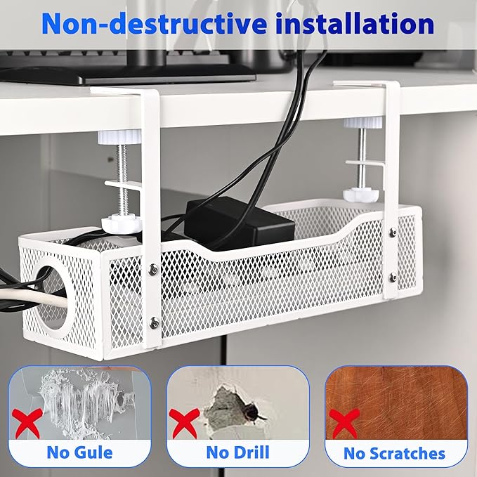 Clamp-On Under Desk Cable Management Tray – No Drill Metal Cord Organizer for Power Strips & Wires – Easy to Install Under Table Cable Holder (White)