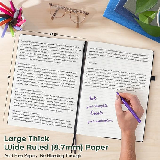 Lined Journal Notebook, 8.5" x 11" Hardcover Leather Notebook for Work, Wide Ruled Notebook Journal for Women Men, 192 Thick Paper, Lay Flat, 2 Pockets, A4 Large Journals for Writing, Green Notebook