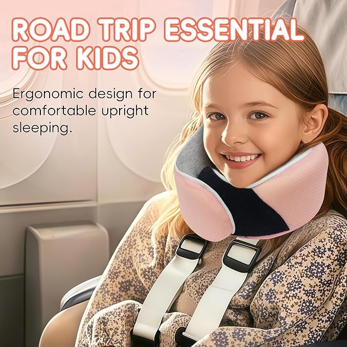 Proglobe Junior Kids Travel Neck Pillow - Ergonomic Memory Foam Pillow for Airplane, Car, Booster Seat - Soft, Washable, Compact Travel Pillow with Strap - Light Pink - Ages 4-13