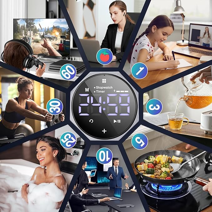 Digital Pomodoro Timer,Frosted Metal Productivity Cube Timer,1.8 in LED Digital Large Screen and Auto-Rotating Display,1/3/5/10/25/30/60min & Custom Time, Silent & Alarm,for Office, Study, Work(Grey)