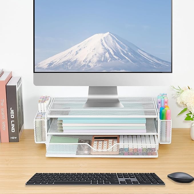 AUPSEN Computer Monitor Stands Riser,2-Tier Desk Organizers and Accessories, Office Desk Accessories Organizer with Drawers and 2 Pen Holder for Office Supplies (White)