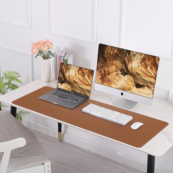 AFIING Leather Desk pad Protector, Large Non-Slip Office Desk Mat with Natural Cork & PU Leather, Waterproof Writing Mouse Pad for Office and Home (55in*17in,Brown)