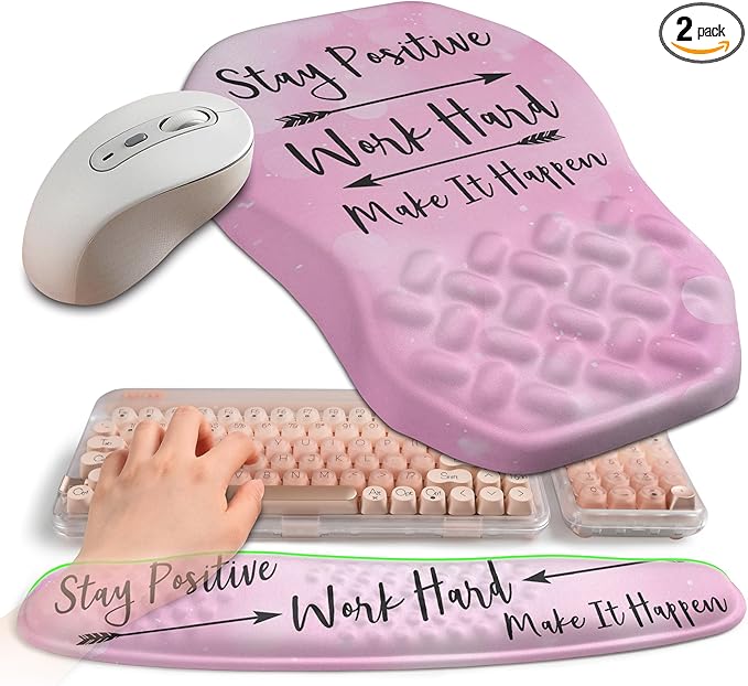 2-in-1 Ergonomic Set, Wave Keyboard Wrist Rest and Massage Slope Mouse Pad Wrist Support, Rebound Memory Foam for Relieve Carpal Tunnel Syndrome and Wrist Pain (Stay Positive)