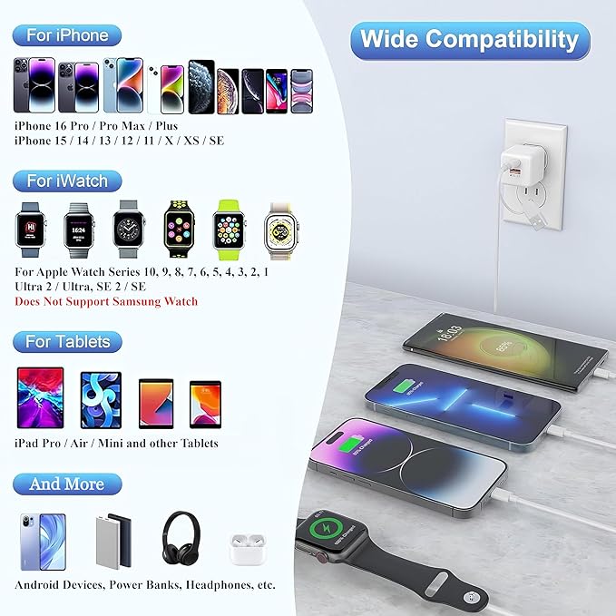 Apple Watch Charger USB C with 30W PD Fast Wall Plug for Apple Watch/iPhone 16 Pro Max Plus/15/14, 4 in 2 Wireless Magnetic Charging Cable for iWatch Series 10/9-1/SE/Ultra, Multi Cord for Travel 6FT