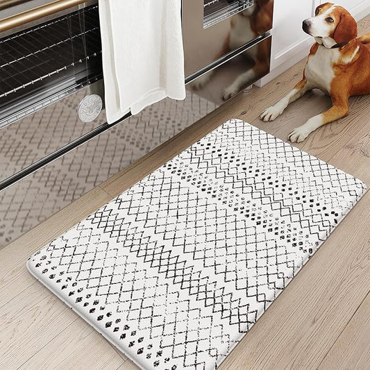 KIMODE Anti Fatigue Kitchen Mats for Floor,17.3" x 29" Black and White Cushioned Kitchen Rugs,Non-Slip Waterproof Wipe Clean Kitchen Sink Standing Mat for Corner Sink,Kitchen Floor