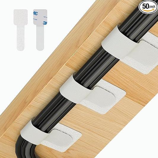 50 PCS Hook and Loop Cable Ties, Under Desk Cable Management, Self Adhesive Cable Clips Straps, Sticky-Back Cord Organizer, Wire Organizer for TV PC Laptop Ethernet Desktop, White