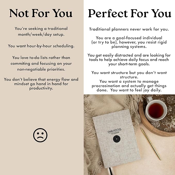 ONE FOCUS Planner: 90-Day Undated Daily Planner for ADHD and Productivity - Goal Setting, Anxiety Relief, Mindfulness Exercises, Gratitude, and Habit Tracker for Focus & Clarity - Ideal for Neurodivergent Adults & Busy Professionals, A5 Linen